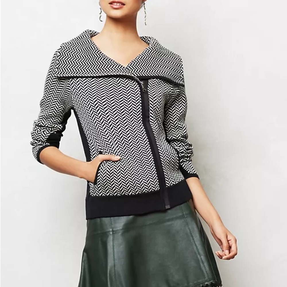 Sparrow Anthropologie Moto Sweater Jacket Chevron knit full zip cardigan Size XS
